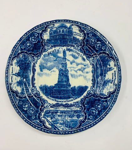 Antique Blue and White Plate Views of Bridgeport Conn. soldiers Monument at Seaside Park